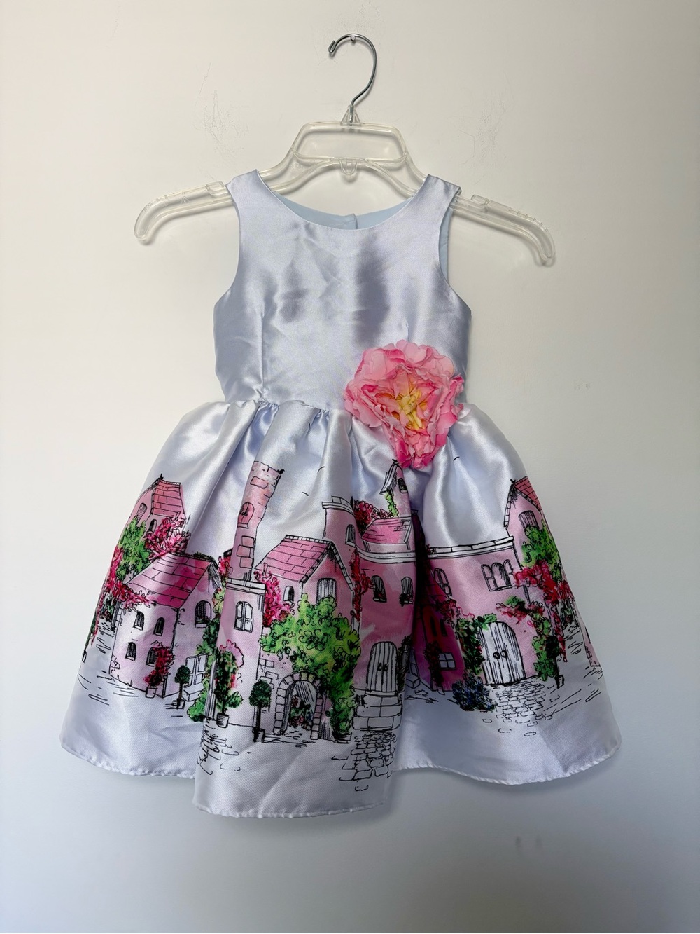 PIPPA & JULIE Girls Blue Satin Printed Party Dress Flower Accent